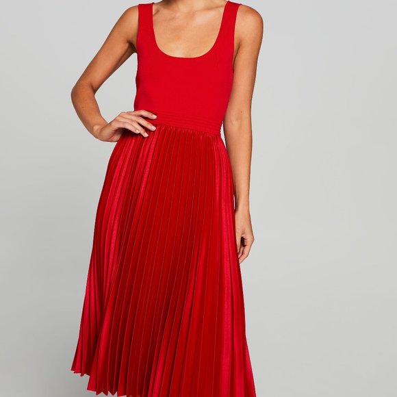 Red Pleated Milano Knit Midi Dress 
